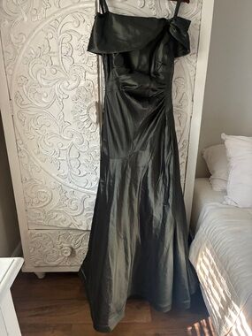 Alex Evenings Black Satin Off-Shoulder Prom Gown